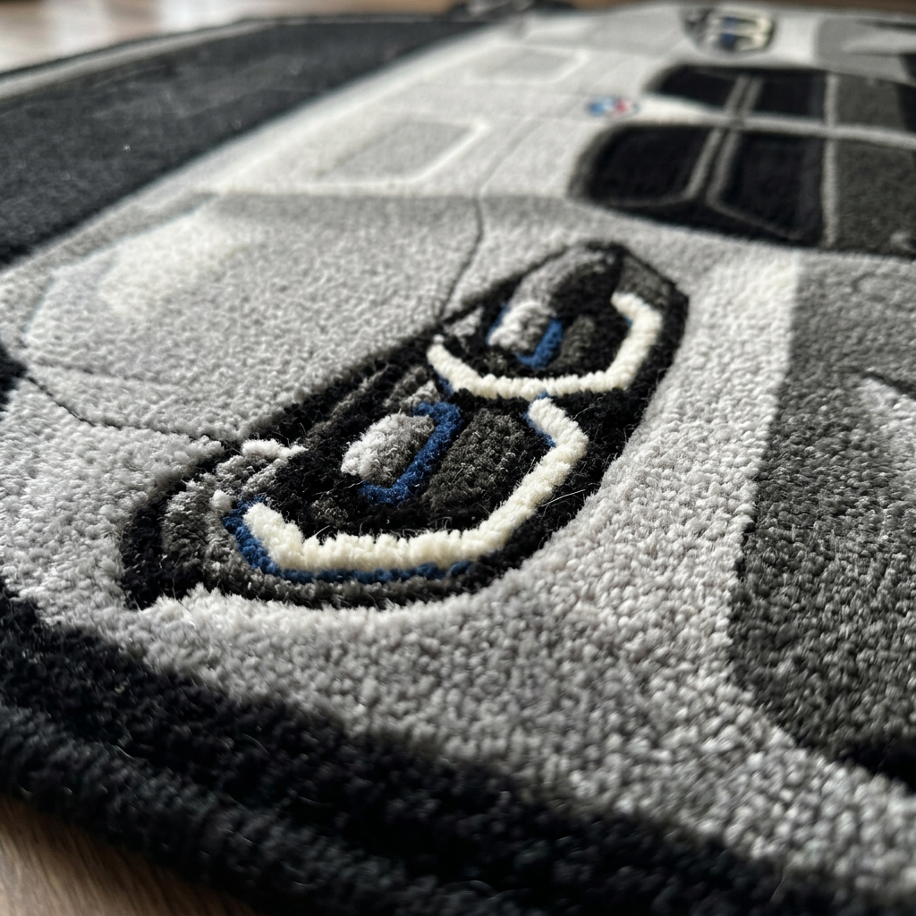 FRONT LINE hand-tufted car rug, front view of a performance sedan with a large grille – image 3