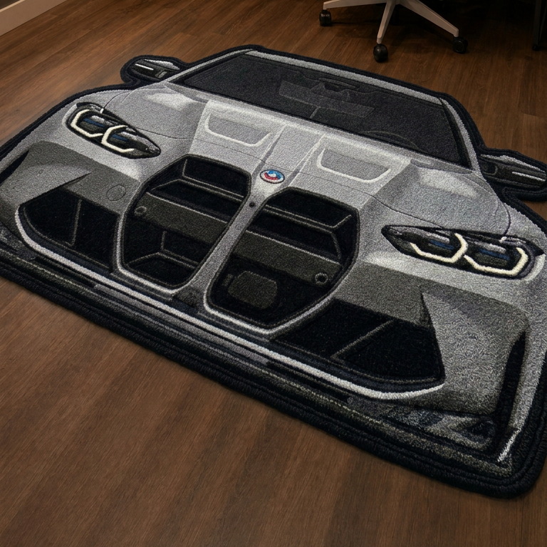 FRONT LINE hand-tufted car rug, front view of a performance sedan with a large grille – image 9
