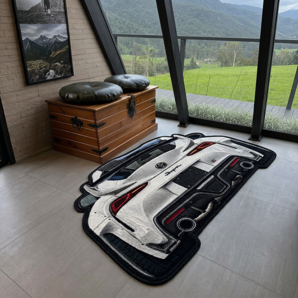 INLINE SIX hand-tufted car rug, rear view of a Japanese sports coupe – image 11