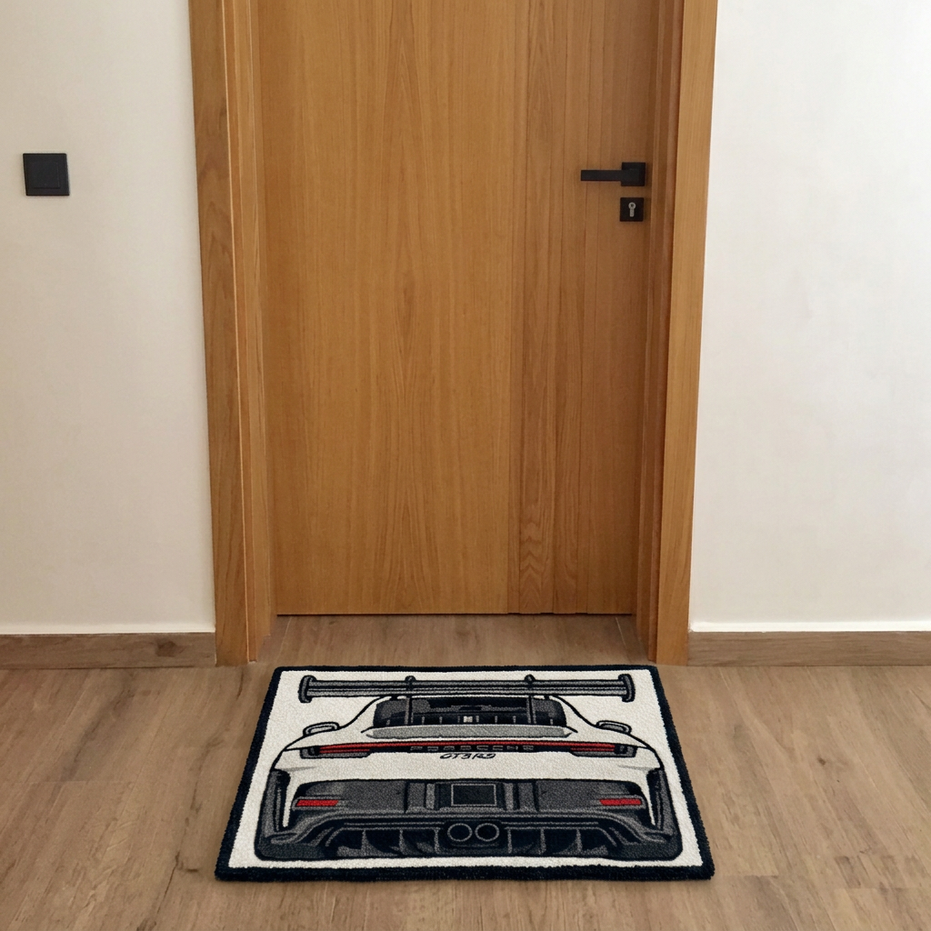 THRESHOLD 02 REAR WING car entry mat with a rear view of a track car – image 2