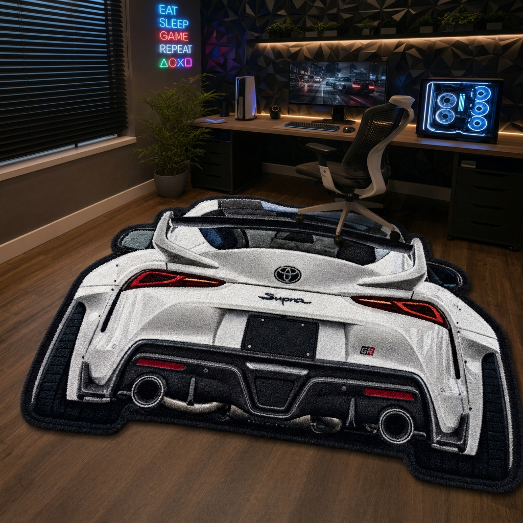 INLINE SIX hand-tufted car rug, rear view of a Japanese sports coupe – image 6
