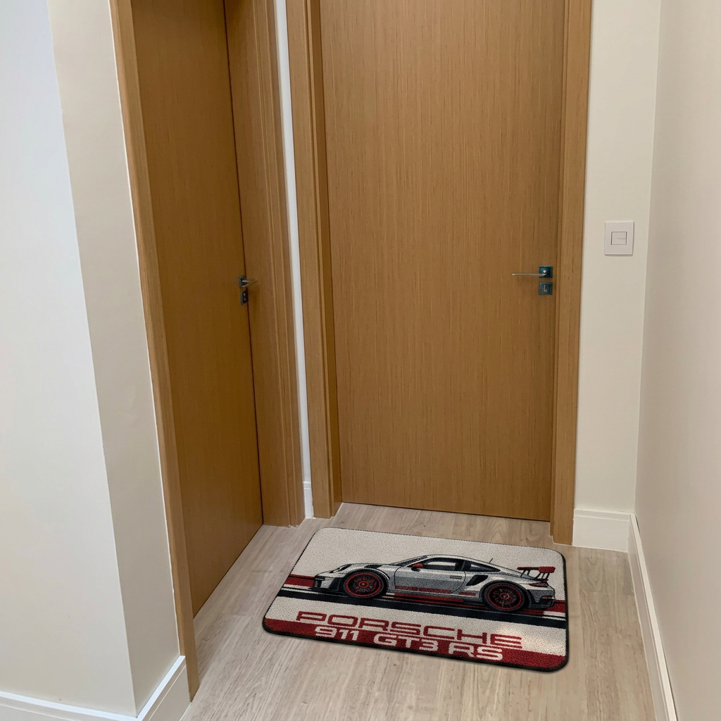 THRESHOLD 05 RACE STRIPE car entry mat with a silver track car and red stripes – image 3