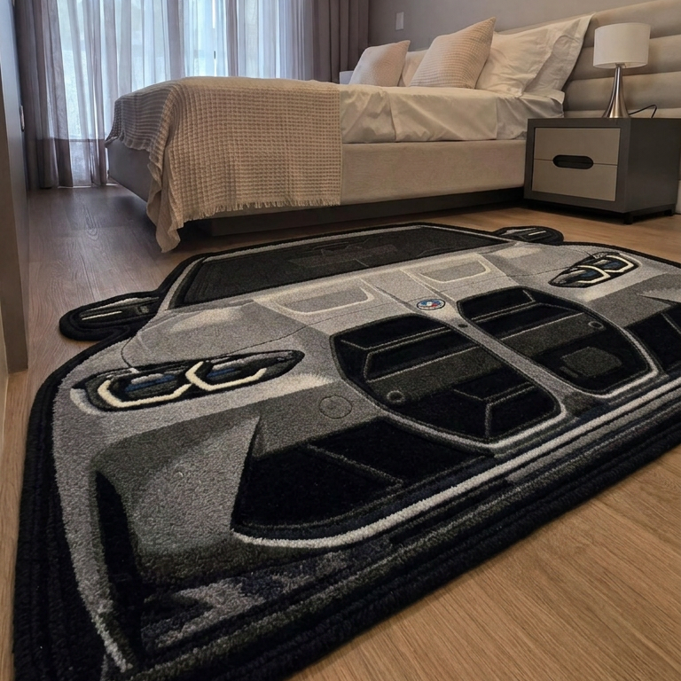 FRONT LINE hand-tufted car rug, front view of a performance sedan with a large grille – image 12