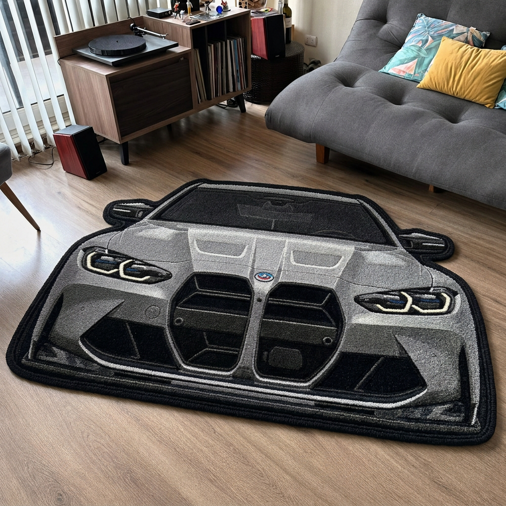 FRONT LINE hand-tufted car rug, front view of a performance sedan with a large grille