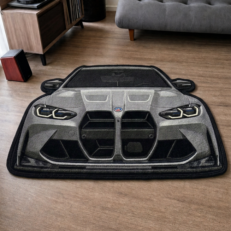 FRONT LINE hand-tufted car rug, front view of a performance sedan with a large grille – image 7