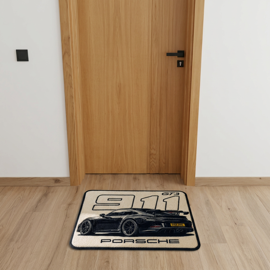 THRESHOLD 03 NUMERALS car entry mat with a black sports car and large numerals – image 4