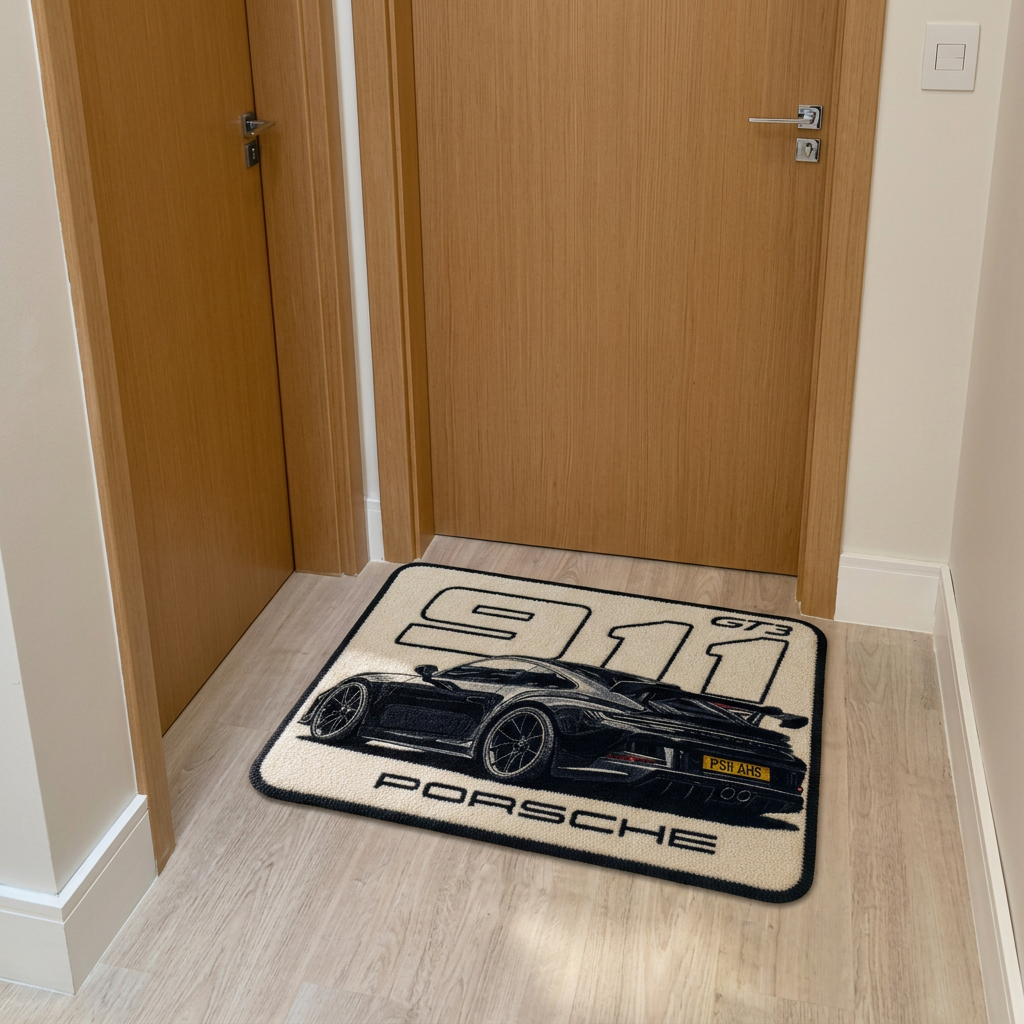 THRESHOLD 03 NUMERALS car entry mat with a black sports car and large numerals – image 2