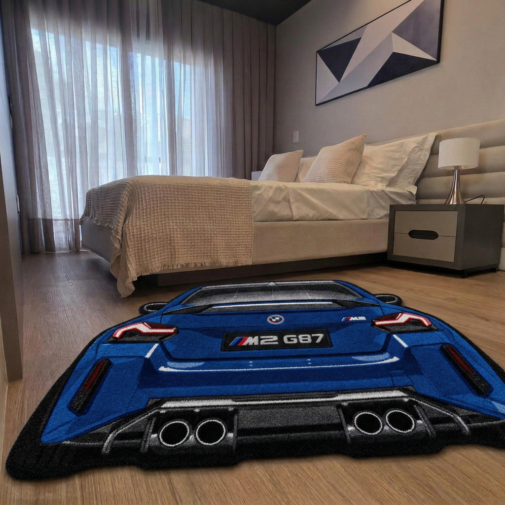 QUAD EXHAUST hand-tufted car rug, rear view of a coupe with four exhaust tips – image 2