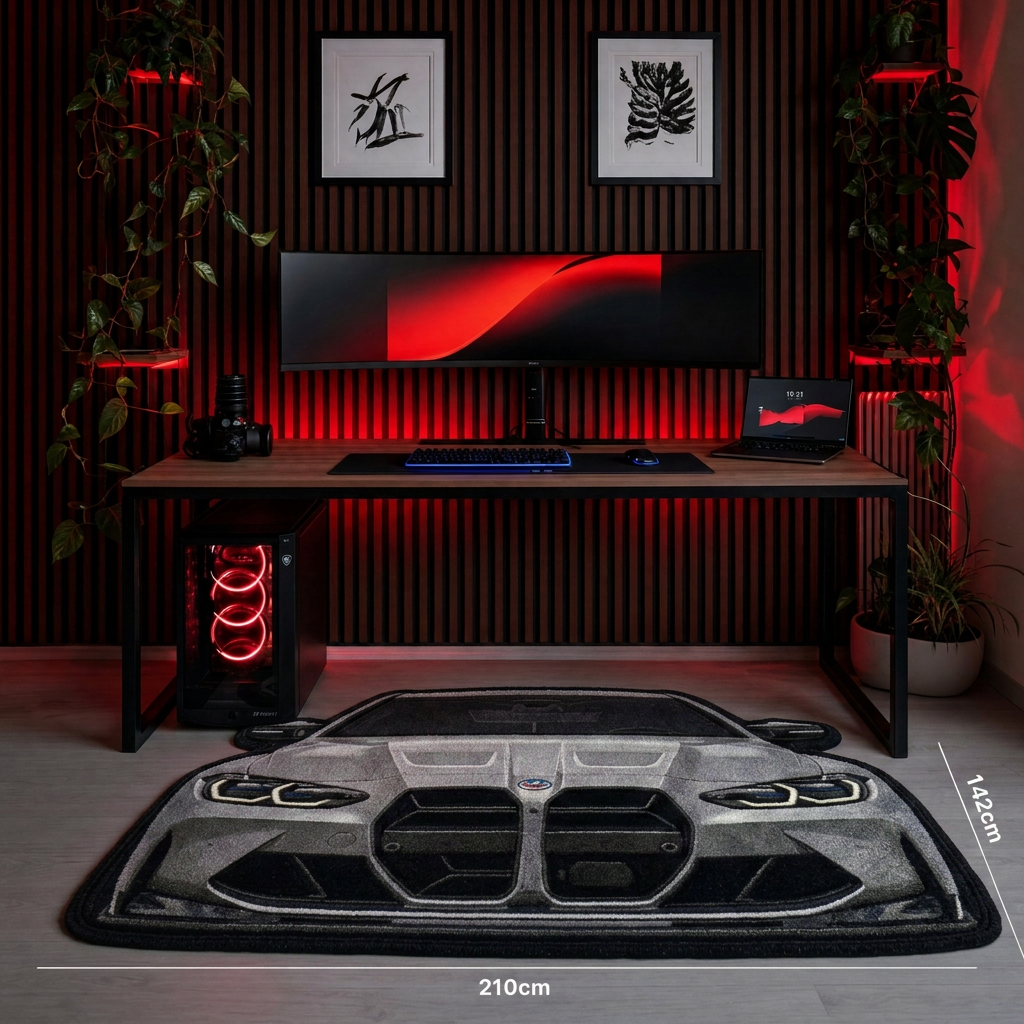 FRONT LINE hand-tufted car rug, front view of a performance sedan with a large grille – image 6