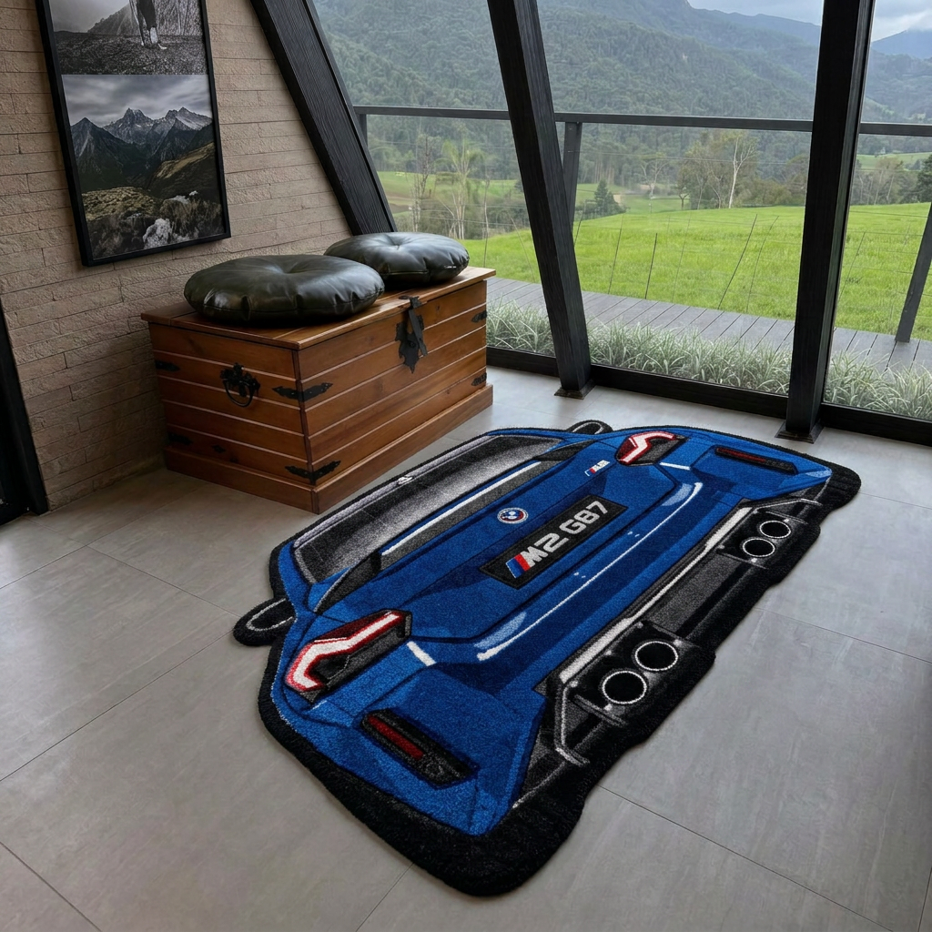 QUAD EXHAUST hand-tufted car rug, rear view of a coupe with four exhaust tips – image 7