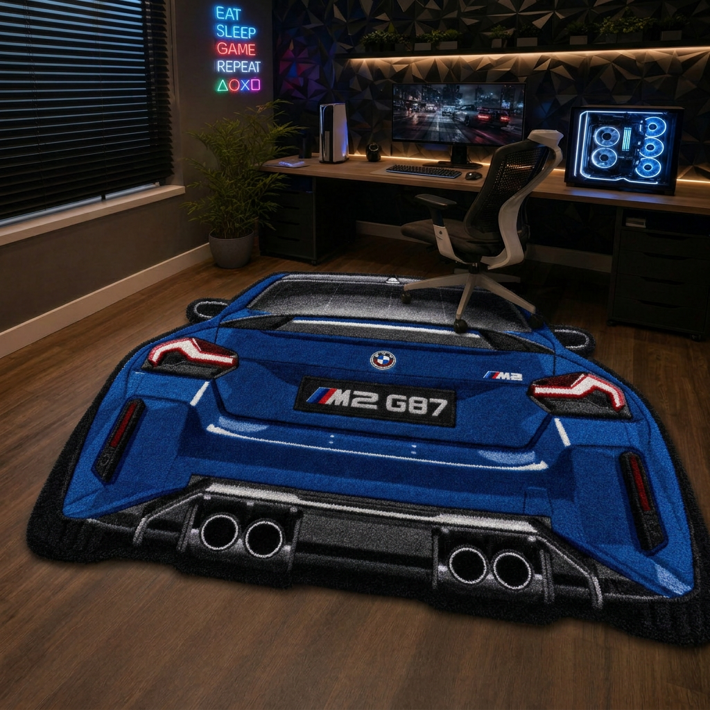 QUAD EXHAUST hand-tufted car rug, rear view of a coupe with four exhaust tips – image 11