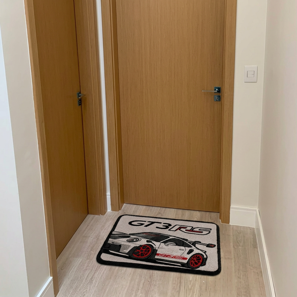 THRESHOLD 01 WIDE ANGLE car entry mat with a white track car – image 3