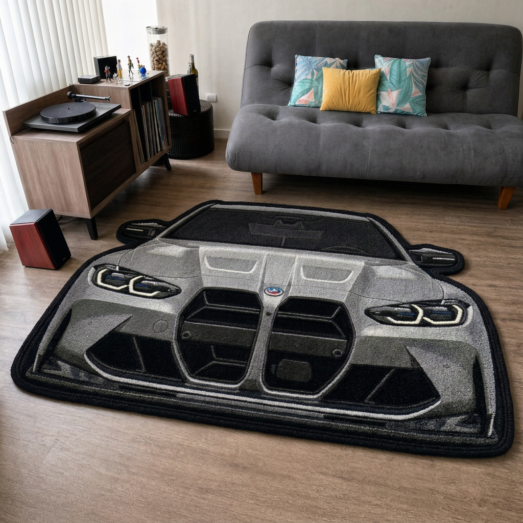 FRONT LINE hand-tufted car rug, front view of a performance sedan with a large grille – image 2