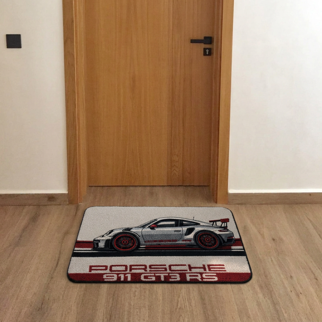 THRESHOLD 05 RACE STRIPE car entry mat with a silver track car and red stripes – image 2