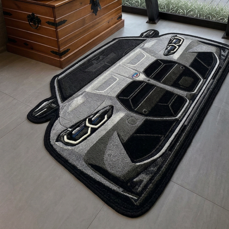 FRONT LINE hand-tufted car rug, front view of a performance sedan with a large grille – image 5