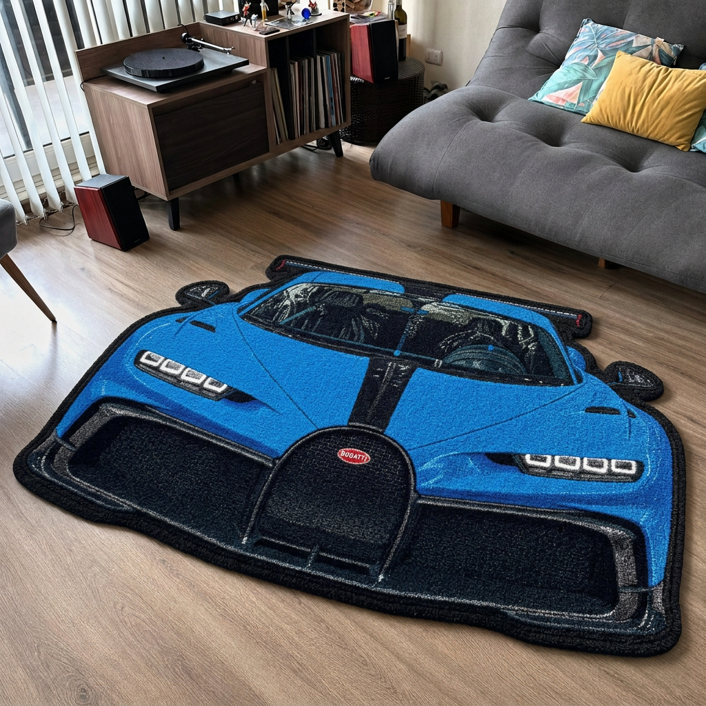 HYPERION hand-tufted car rug, front view of a hypercar